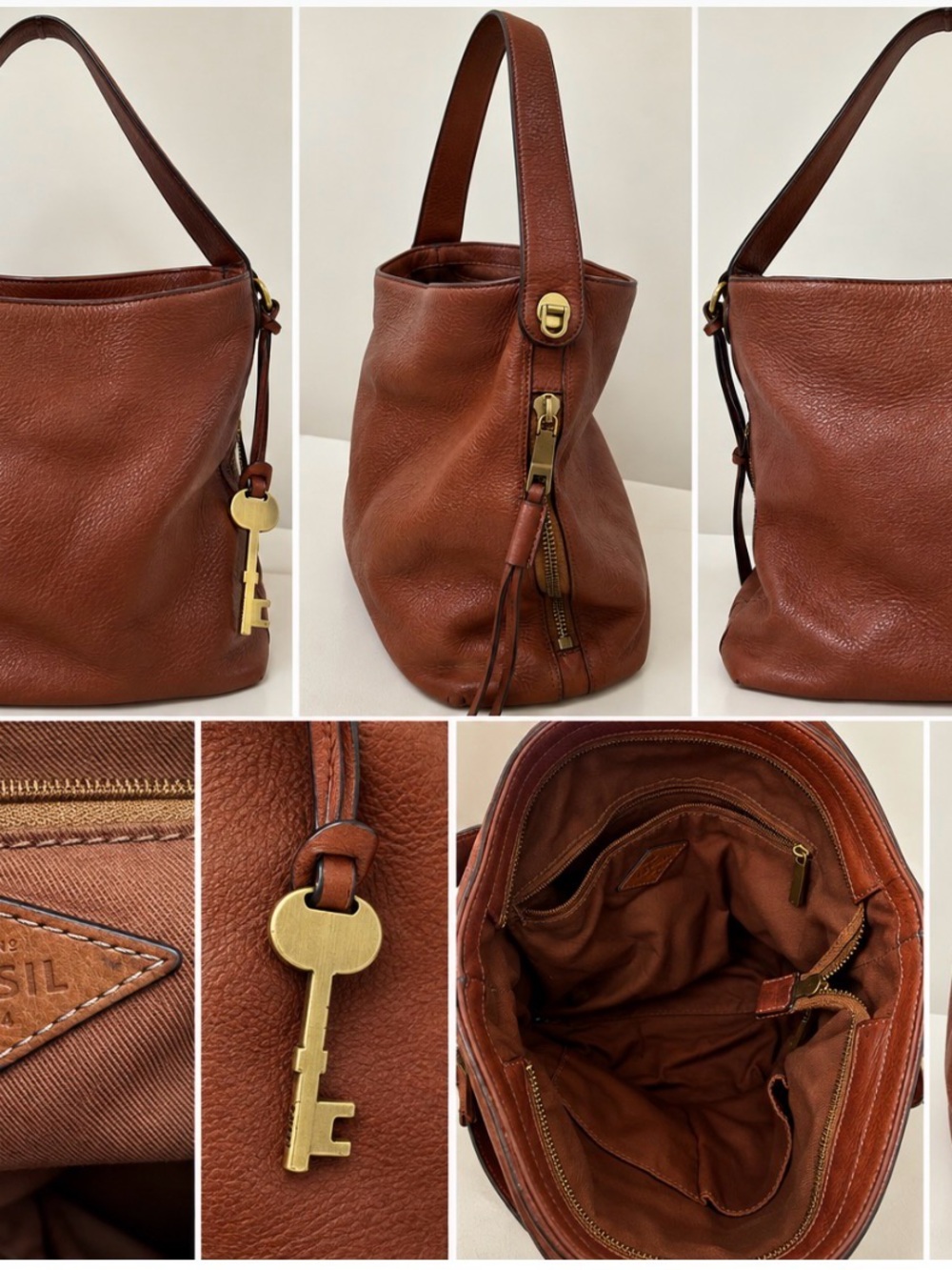 Fossil Cognac Leather Shoulder Bag with Key Charm